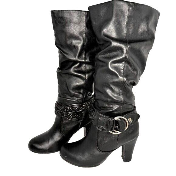 Pink & Pepper Shoes - Knee HigWomen's Y2K Slouch Vegan Leather Boots with Buckles Black Size 8M 4" Hee